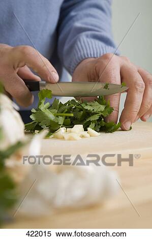 Stock Photography - A man chopping flat leaf parsley. Fotosearch