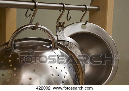 Kitchen utensils hanging in a row View Large Photo Image Stock Image - Kitchen utensils hanging in a row. Fotosearch