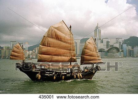 Stock Image - Junk ship in Victoria Harbor, Hong Kong, China. Fotosearch