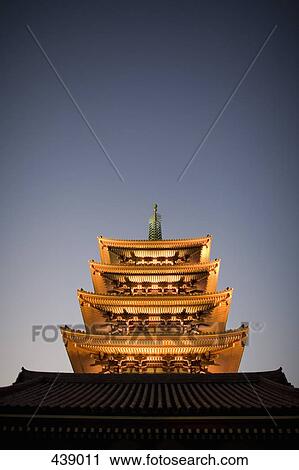 Stock Image - Illuminated Japanese temple at night. Fotosearch