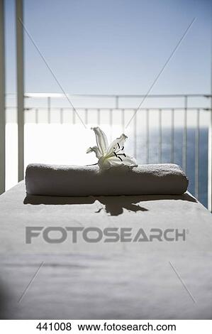 A white lily and a folded towel on a massage table View Large Photo Image Stock Photo - A white lily and a folded towel on a massage table. Fotosearch