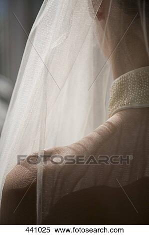 Rear view of a bride wearing a veil and a wedding dress View Large Photo Image Stock Photography - Rear view of a bride wearing a veil and a wedding dress. Fotosearch