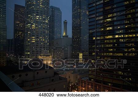 Illuminated skyscrapers in the downtown district at night, Los Angeles, California View Large Photo Image Stock Image - Illuminated skyscrapers in the downtown district at night, Los Angeles, California. Fotosearch