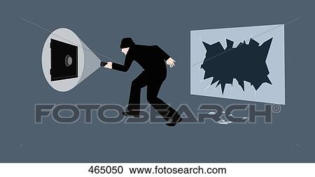 A burglar holding a flashlight and walking towards a combination safe View Large Illustration Clipart - A burglar holding a flashlight and walking towards a combination safe. Fotosearch