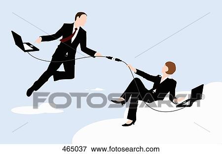 Stock Illustration - A businessman and businesswoman connected by their laptops while floating in the sky. Fotosearch