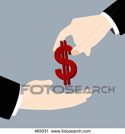 Clip Art - A businessman handing a dollar sign to another businessman. Fotosearch