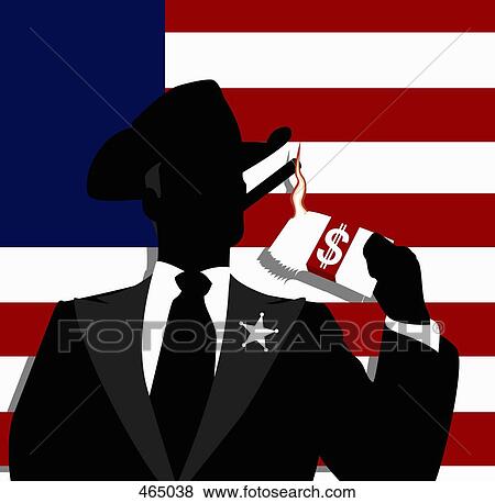 Stock Illustration - A businessman igniting a cigar with bank notes. Fotosearch