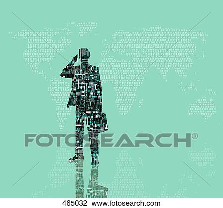 A businessman with a mobile phone and a briefcase standing in front of a world map View Large Illustration Drawing - A businessman with a mobile phone and a briefcase standing in front of a world map. Fotosearch