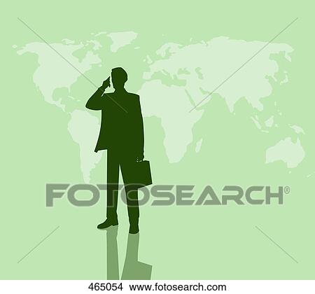 A businessman with a mobile phone and a briefcase standing in front of a world map View Large Illustration Stock Illustration - A businessman with a mobile phone and a briefcase standing in front of a world map. Fotosearch