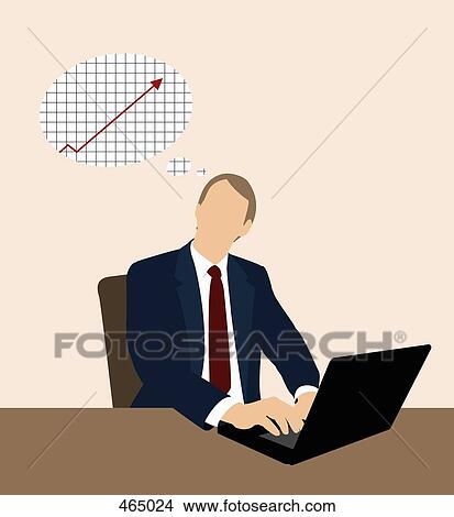 Stock Illustration - A businessman working at a desk and thinking of a line graph. Fotosearch