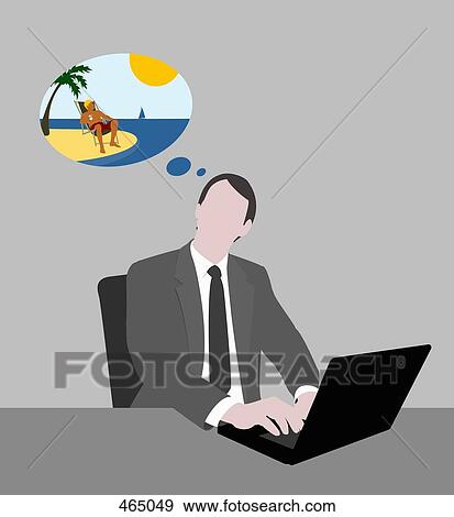 A businessman working at a desk and dreaming of being at the beach View Large Illustration Stock Illustration - A businessman working at a desk and dreaming of being at the beach. Fotosearch