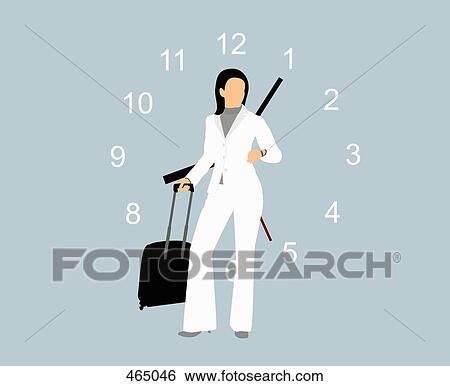 Stock Illustration - A businesswoman standing with a suitcase in front of a clock. Fotosearch