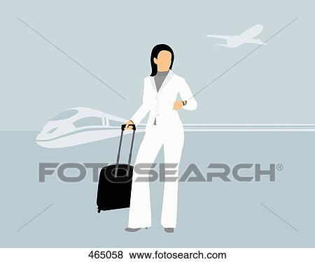 Stock Illustration - A businesswoman standing with a suitcase in front of a train and an airplane. Fotosearch