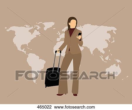 A businesswoman with a mobile phone and a suitcase standing in front of a world map View Large Illustration Drawing - A businesswoman with a mobile phone and a suitcase standing in front of a world map. Fotosearch