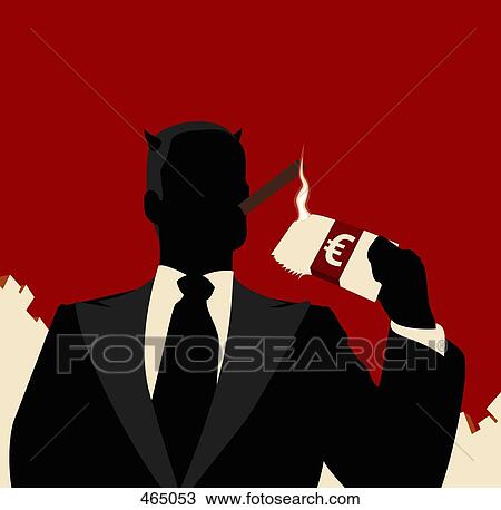 A horned businessman igniting a cigar with bank notes View Large Illustration Drawing - A horned businessman igniting a cigar with bank notes. Fotosearch