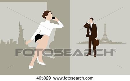 Stock Illustration - A man and a woman in separate cities using mobile phones. Fotosearch
