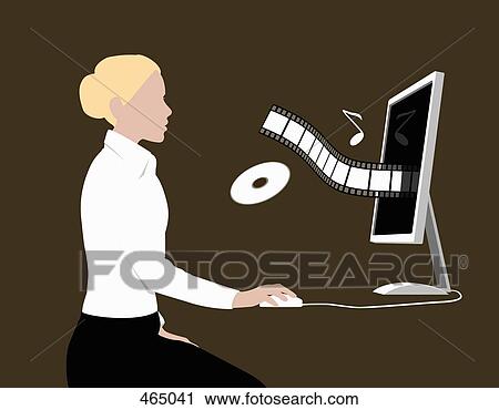 Clip Art - A woman playing music while sitting at a desktop computer. Fotosearch