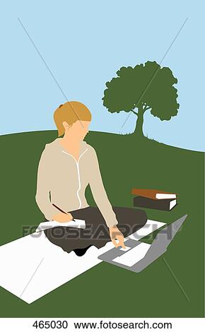 Clipart - A woman sitting in a park and using a laptop. Fotosearch