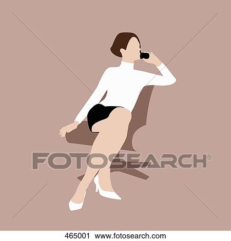 Clip Art - A woman sitting on a chair and using a telephone. Fotosearch