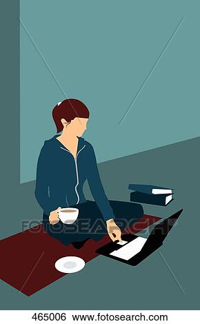 Stock Illustration - A woman sitting on the floor with a cup of tea and using a laptop. Fotosearch