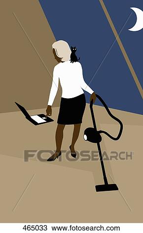 A woman using a laptop whilst vacuuming View Large Illustration Drawing - A woman using a laptop whilst vacuuming. Fotosearch