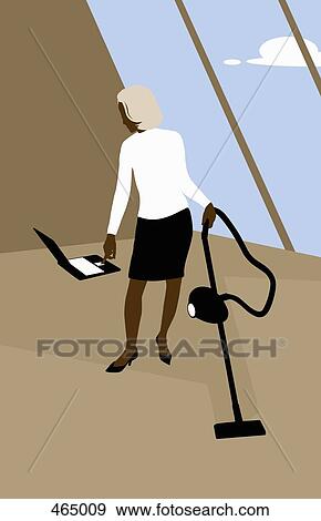 Stock Illustration - A woman using a laptop whilst vacuuming. Fotosearch