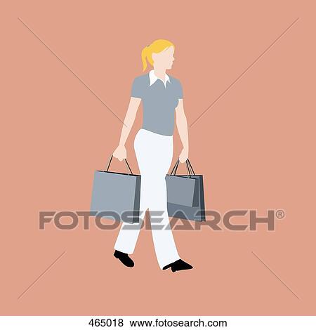 Stock Illustration - A woman walking with shopping bags. Fotosearch