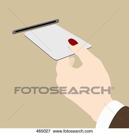 Stock Illustration - Close-up of a woman holding a bank card at an ATM. Fotosearch