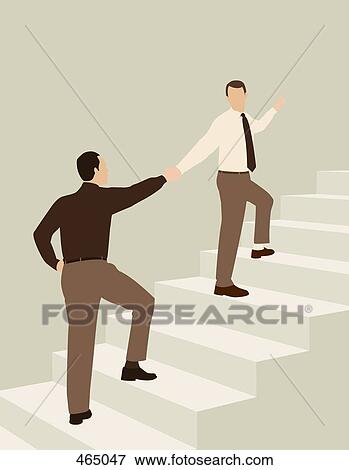 Stock Illustration - Two businessmen shaking hands while standing on steps. Fotosearch