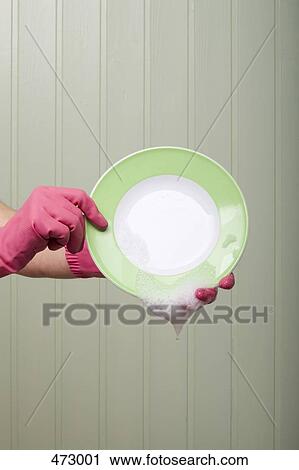 Detail of a person wearing rubber gloves and holding a clean plate View Large Photo Image Stock Image - Detail of a person wearing rubber gloves and holding a clean plate. Fotosearch