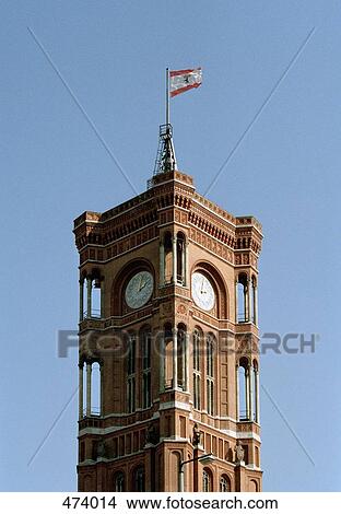 Clock tower of the Town Hall, Rote Rathaus, Berlin, Germany View Large Photo Image Picture - Clock tower of the Town Hall, Rote Rathaus, Berlin, Germany. Fotosearch