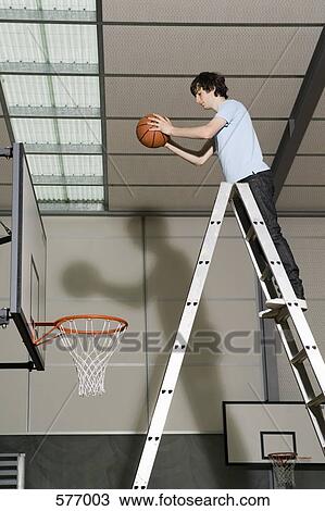 A Young Man standing on a ladder preparing to drop a basketball into a basketball hoop View Large Photo Image Stock Image - A Young Man standing on a ladder preparing to drop a basketball into a basketball hoop. Fotosearch