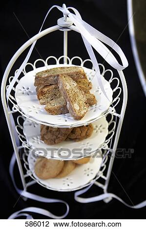 Stock Image - A three plate cake tier with a variety of cookies. Fotosearch