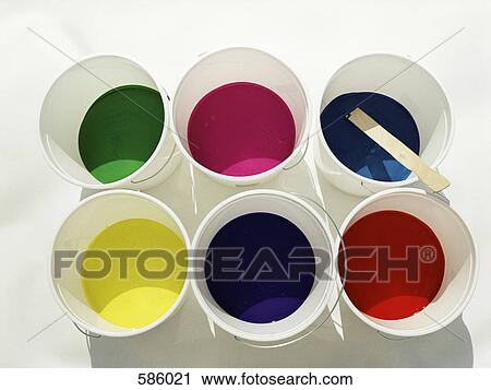 Stock Image - High Angle View of buckets of paint. Fotosearch