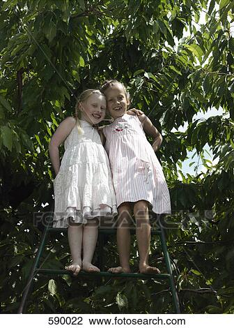 Stock Image - Two girls standing on a ladder underneath a cherry tree. Fotosearch
