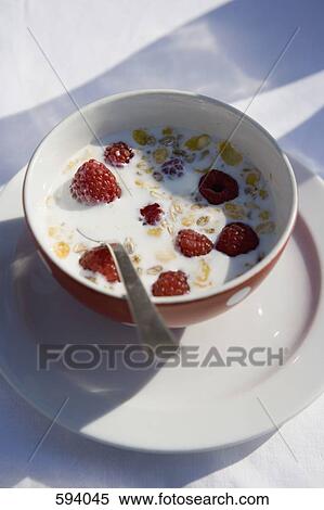 Stock Photography - A Bowl of cereal with fresh fruit and milk. Fotosearch