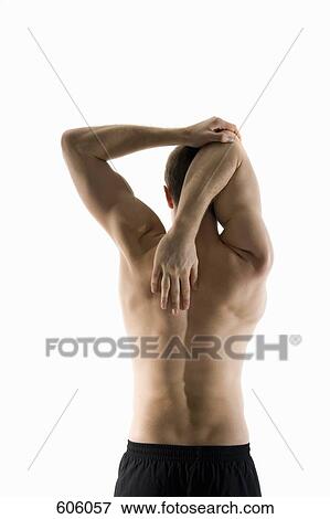 Rear view of a male stretching his arm behind his head View Large Photo Image Stock Photo - Rear view of a male stretching his arm behind his head. Fotosearch