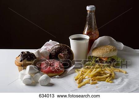 Stereotypical American fast food meal and snack food View Large Photo Image Stock Image - Stereotypical American fast food meal and snack food. Fotosearch