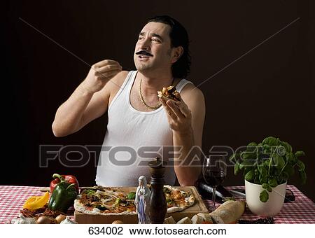 Stereotypical Italian Man Eating pizza and gesturing with hand View Large Photo Image Stock Image - Stereotypical Italian Man Eating pizza and gesturing with hand. Fotosearch