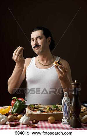Stereotypical Italian Man Eating pizza and gesturing with hand View Large Photo Image Stock Photography - Stereotypical Italian Man Eating pizza and gesturing with hand. Fotosearch