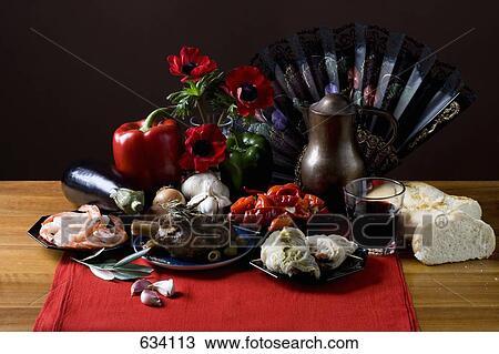 Stock Image - Stereotypical Spanish food and ingredients. Fotosearch