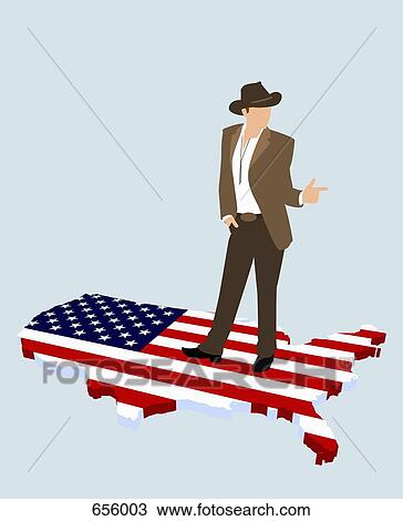 A stereotypical American cowboy standing on the American flag in the shape of America View Large Illustration Drawing - A stereotypical American cowboy standing on the American flag in the shape of America. Fotosearch