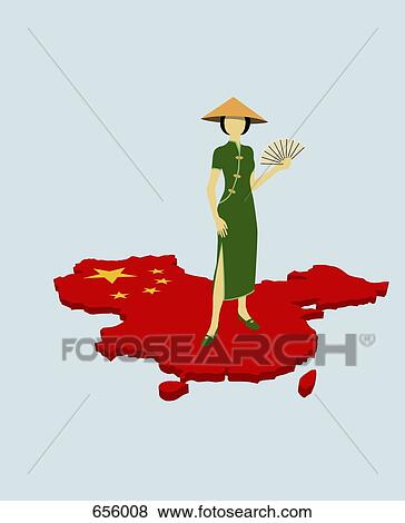 A stereotypical Chinese woman standing on the Chinese flag in the shape of China View Large Illustration Stock Illustration - A stereotypical Chinese woman standing on the Chinese flag in the shape of China. Fotosearch