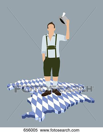 A stereotypical German man standing on a Bavarian flag in the shape of Bavaria View Large Illustration Stock Illustration - A stereotypical German man standing on a Bavarian flag in the shape of Bavaria. Fotosearch