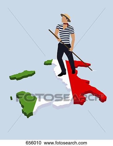 Clipart - A stereotypical Italian Gondolier standing on the Italian flag in the shape of Italy. Fotosearch
