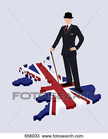 Drawing - Stereotypical British gentleman standing on a British flag in the shape of Great Britain. Fotosearch