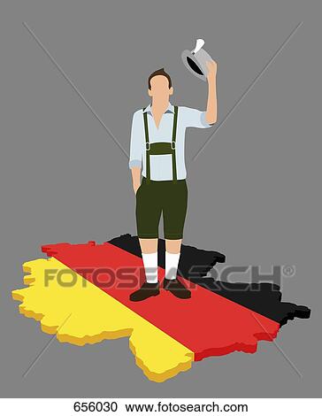 Stereotypical German man standing on a German flag in the shape of Germany View Large Illustration Clipart - Stereotypical German man standing on a German flag in the shape of Germany. Fotosearch