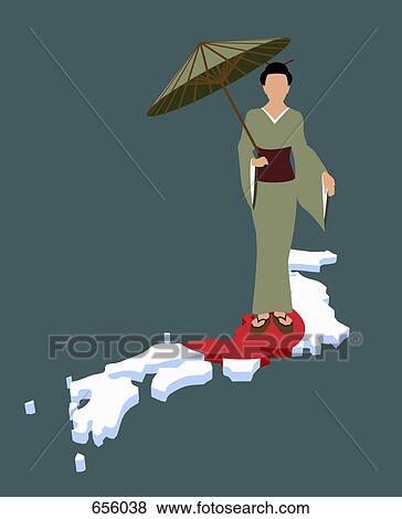 Stereotypical Japanese woman standing on Japanese flag in the shape of Japan View Large Illustration Stock Illustration - Stereotypical Japanese woman standing on Japanese flag in the shape of Japan. Fotosearch