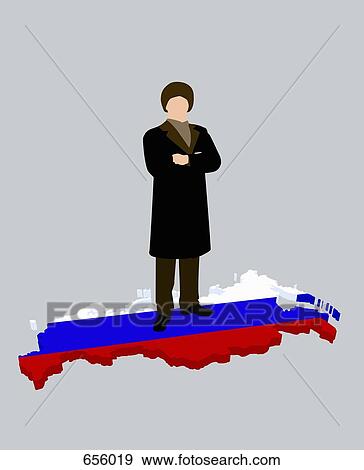 Stock Illustration - Stereotypical Russian man standing on a Russian flag in the shape of Russia. Fotosearch