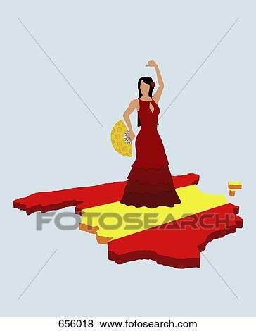 Stock Illustration - Stereotypical Spanish woman standing on Spanish flag in the shape of Spain. Fotosearch